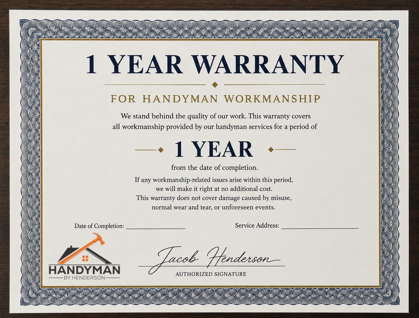 1 year warranty handyman by henderson